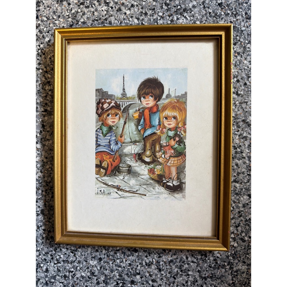 Vintage 1968 ISA Les Pecheurs Paris Children Fishing Lithograph Gold Frame 8x10